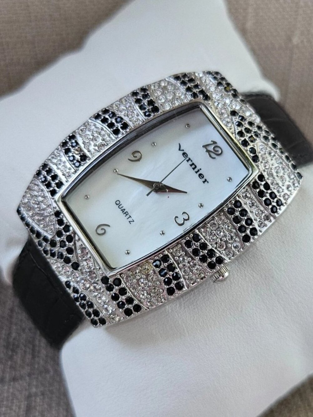 Vernier Ladies Wristwatch Black/Clear Crystals Accent Bezel Analog Wrist Watch
